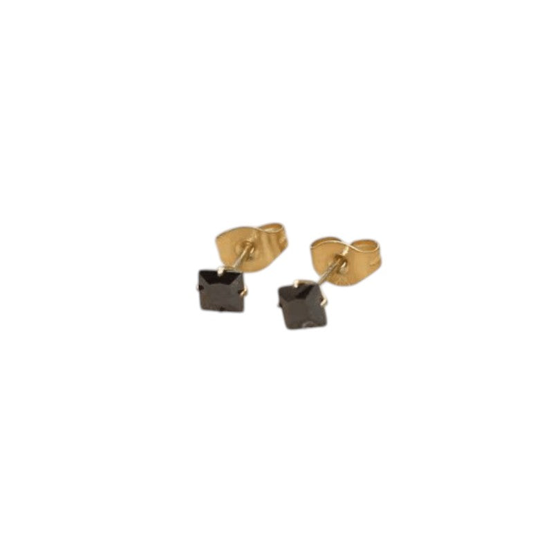 Stainless Steel Square Earrings With Black Zirconia