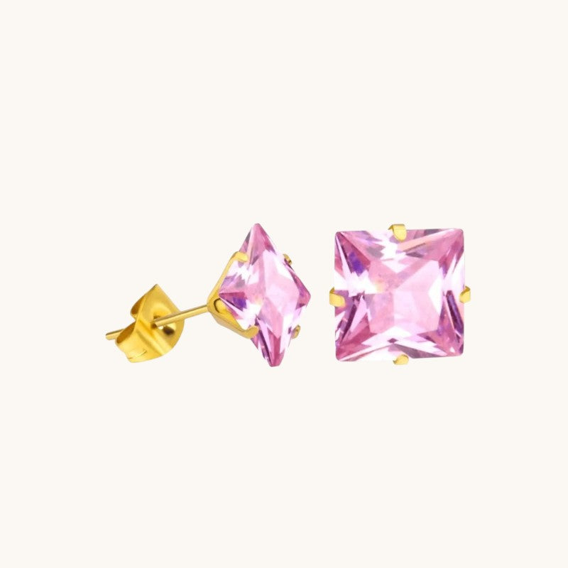 Gold-Colored Square Earrings With Pink Zirconia