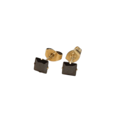 Stainless Steel Square Earrings With Black Zirconia