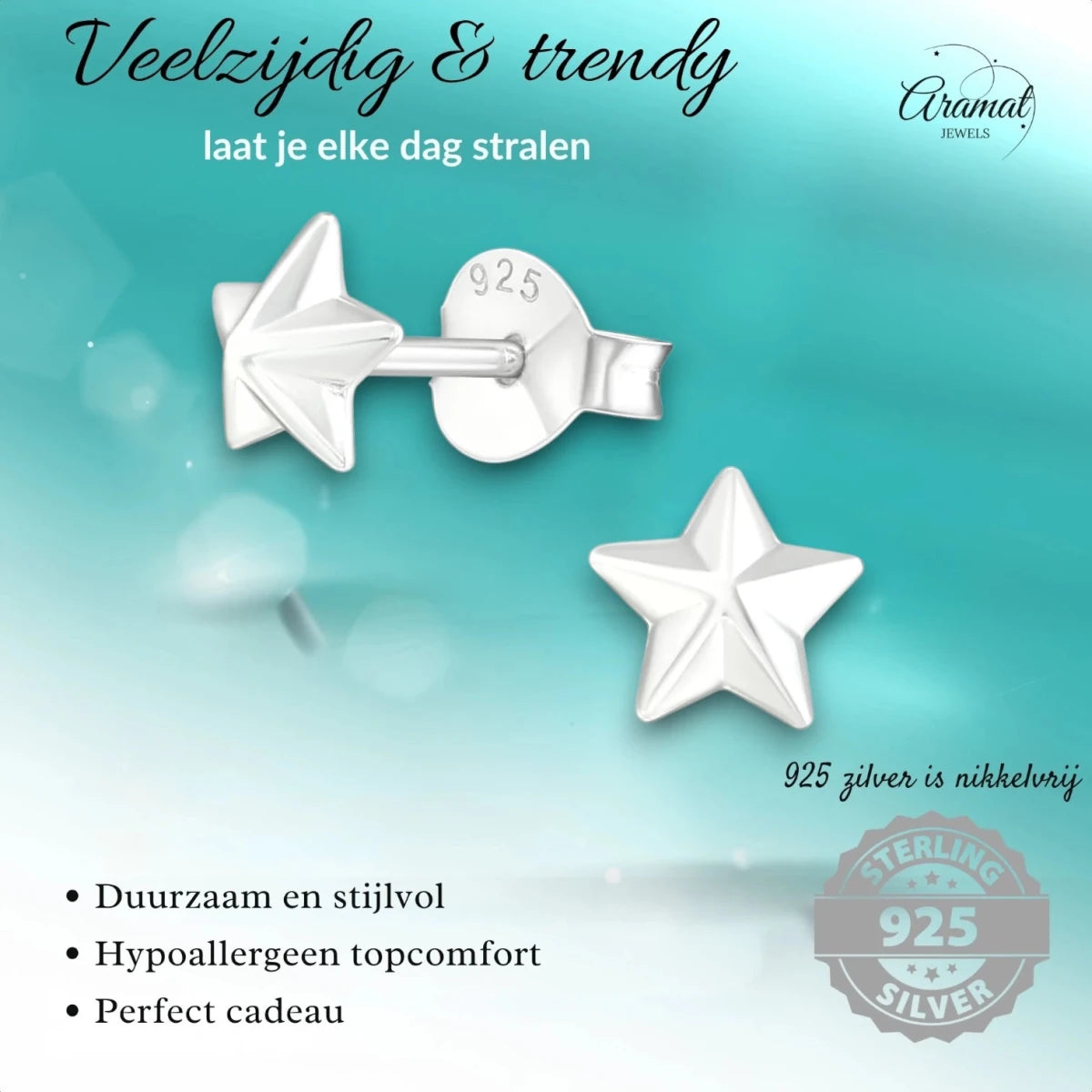 925 Sterling Zilveren 3D Sterretjes Oorknopjes 5mm - Aramat Jewels - Oorbellen - cadeautip
