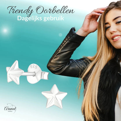 925 Sterling Zilveren 3D Sterretjes Oorknopjes 5mm - Aramat Jewels - Oorbellen - cadeautip