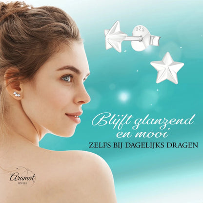 925 Sterling Zilveren 3D Sterretjes Oorknopjes 5mm - Aramat Jewels - Oorbellen - cadeautip