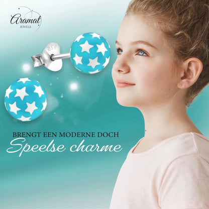 925 Sterling Zilveren Bolletjes Oorknopjes Blauw met Witte Sterretjes 6mm - Aramat Jewels - Oorbellen - cadeautip