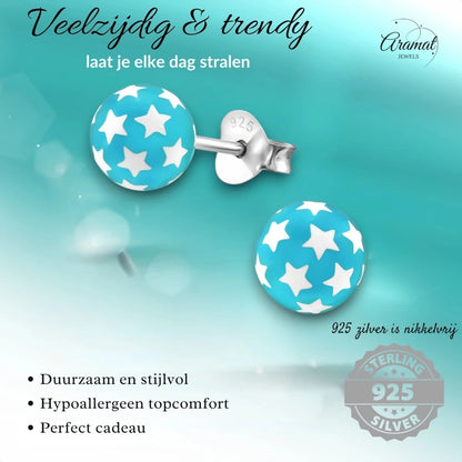 925 Sterling Zilveren Bolletjes Oorknopjes Blauw met Witte Sterretjes 6mm - Aramat Jewels - Oorbellen - cadeautip