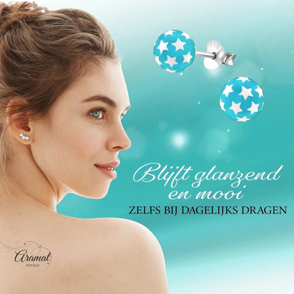 925 Sterling Zilveren Bolletjes Oorknopjes Blauw met Witte Sterretjes 6mm - Aramat Jewels - Oorbellen - cadeautip