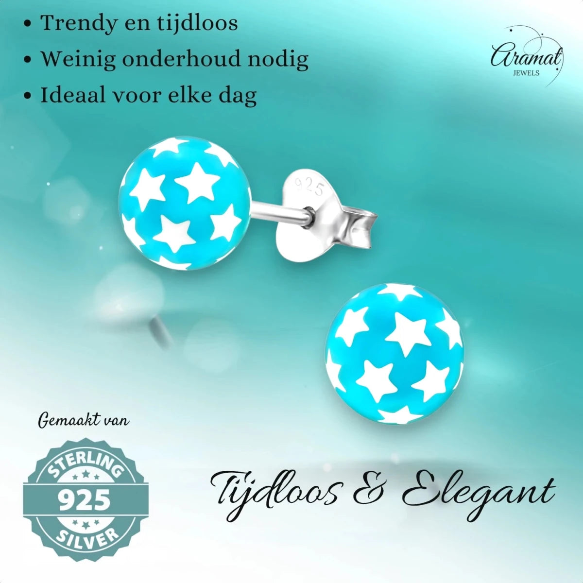 925 Sterling Zilveren Bolletjes Oorknopjes Blauw met Witte Sterretjes 6mm - Aramat Jewels - Oorbellen - cadeautip