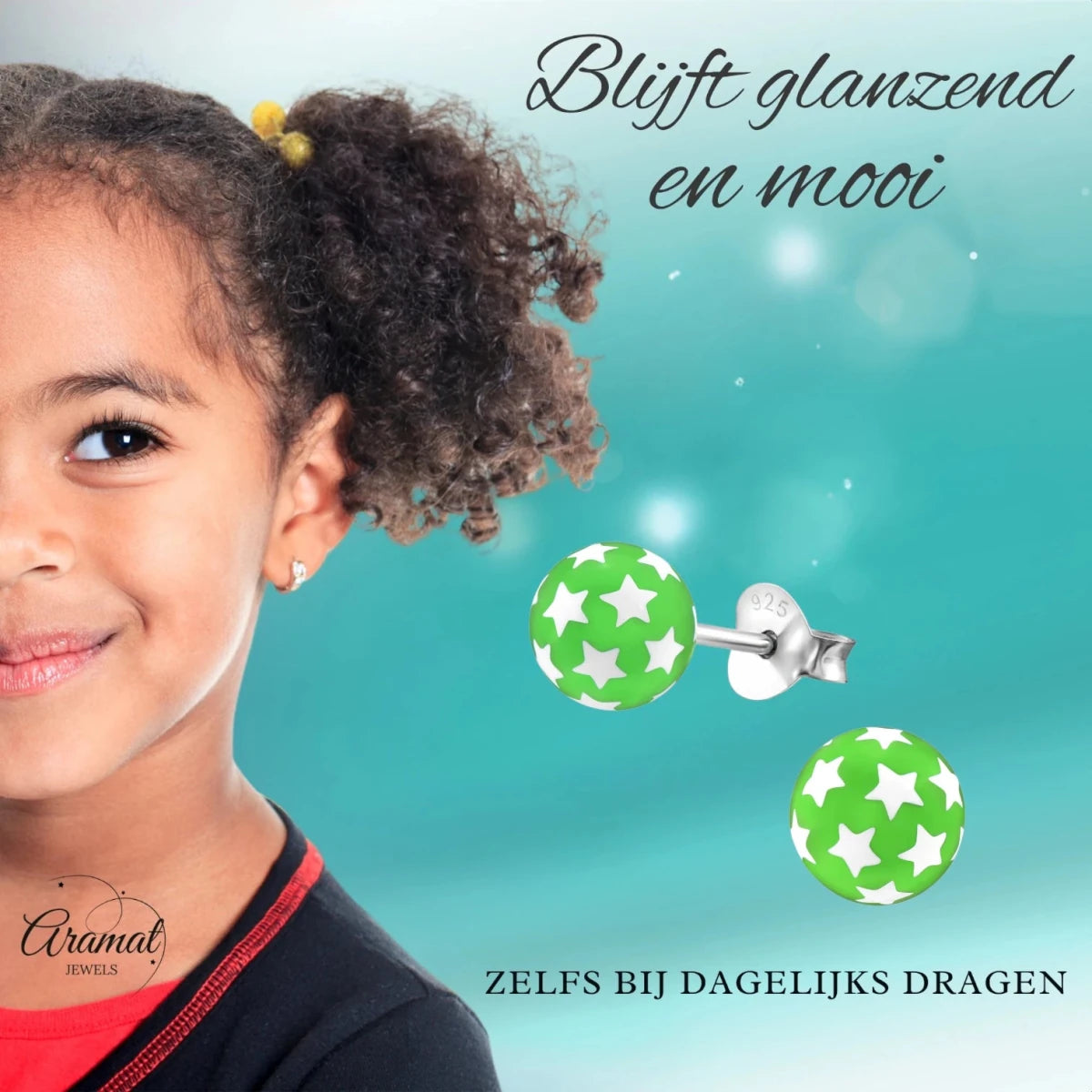 925 Sterling Zilveren Bolletjes Oorknopjes Groen met Witte Sterretjes 6mm - Aramat Jewels - Oorbellen - cadeautip