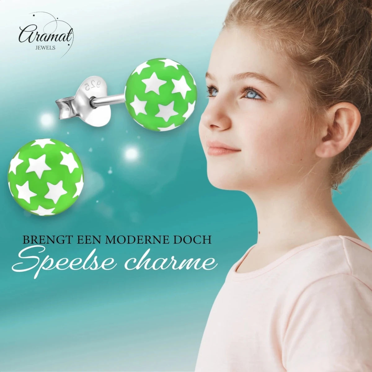 925 Sterling Zilveren Bolletjes Oorknopjes Groen met Witte Sterretjes 6mm - Aramat Jewels - Oorbellen - cadeautip