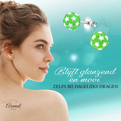 925 Sterling Zilveren Bolletjes Oorknopjes Groen met Witte Sterretjes 6mm - Aramat Jewels - Oorbellen - cadeautip