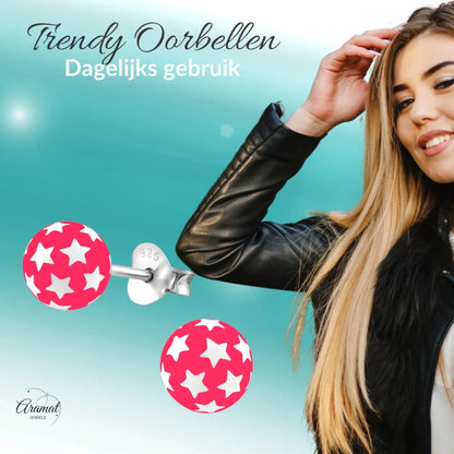 925 Sterling Zilveren Bolletjes Oorknopjes Roze met Witte Sterretjes 6mm - Aramat Jewels - Oorbellen - cadeautip