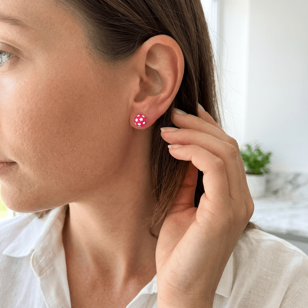 925 Sterling Zilveren Bolletjes Oorknopjes Roze met Witte Sterretjes 6mm - Aramat Jewels - Oorbellen - cadeautip