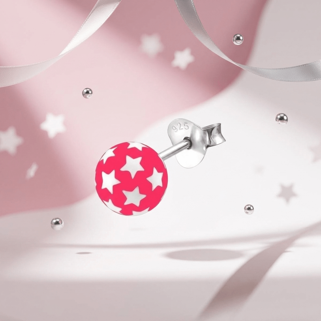 925 Sterling Zilveren Bolletjes Oorknopjes Roze met Witte Sterretjes 6mm - Aramat Jewels - Oorbellen - cadeautip