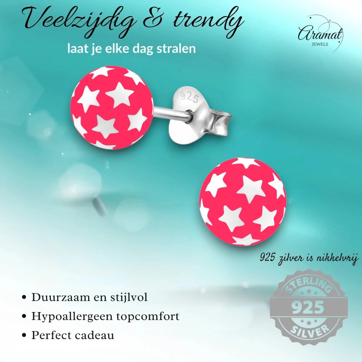 925 Sterling Zilveren Bolletjes Oorknopjes Roze met Witte Sterretjes 6mm - Aramat Jewels - Oorbellen - cadeautip