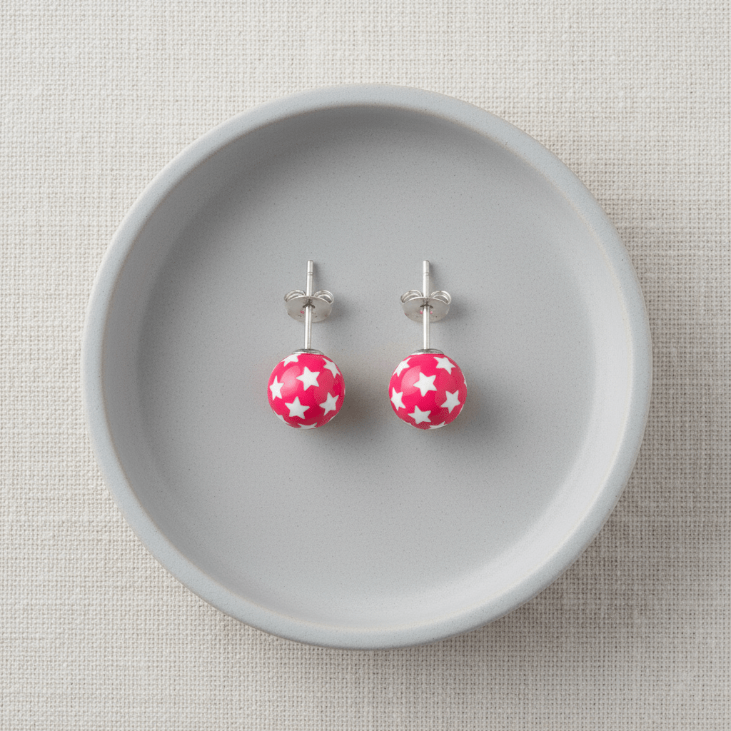 925 Sterling Zilveren Bolletjes Oorknopjes Roze met Witte Sterretjes 6mm - Aramat Jewels - Oorbellen - cadeautip