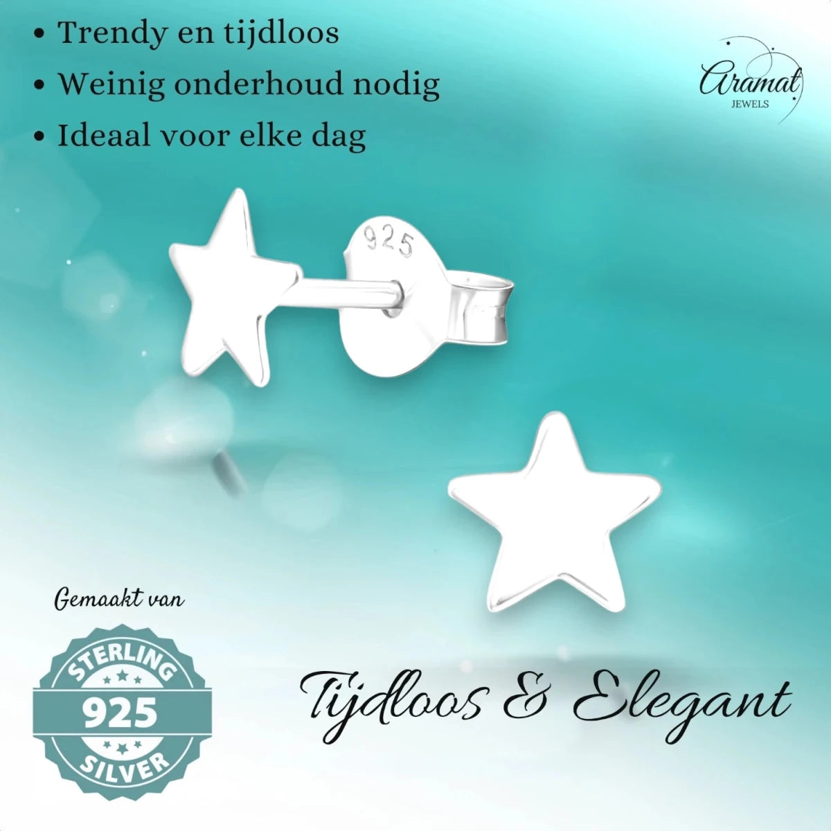 925 Sterling Zilveren Platte Sterretjes Oorknopjes 6mm - Aramat Jewels - Oorbellen - cadeautip