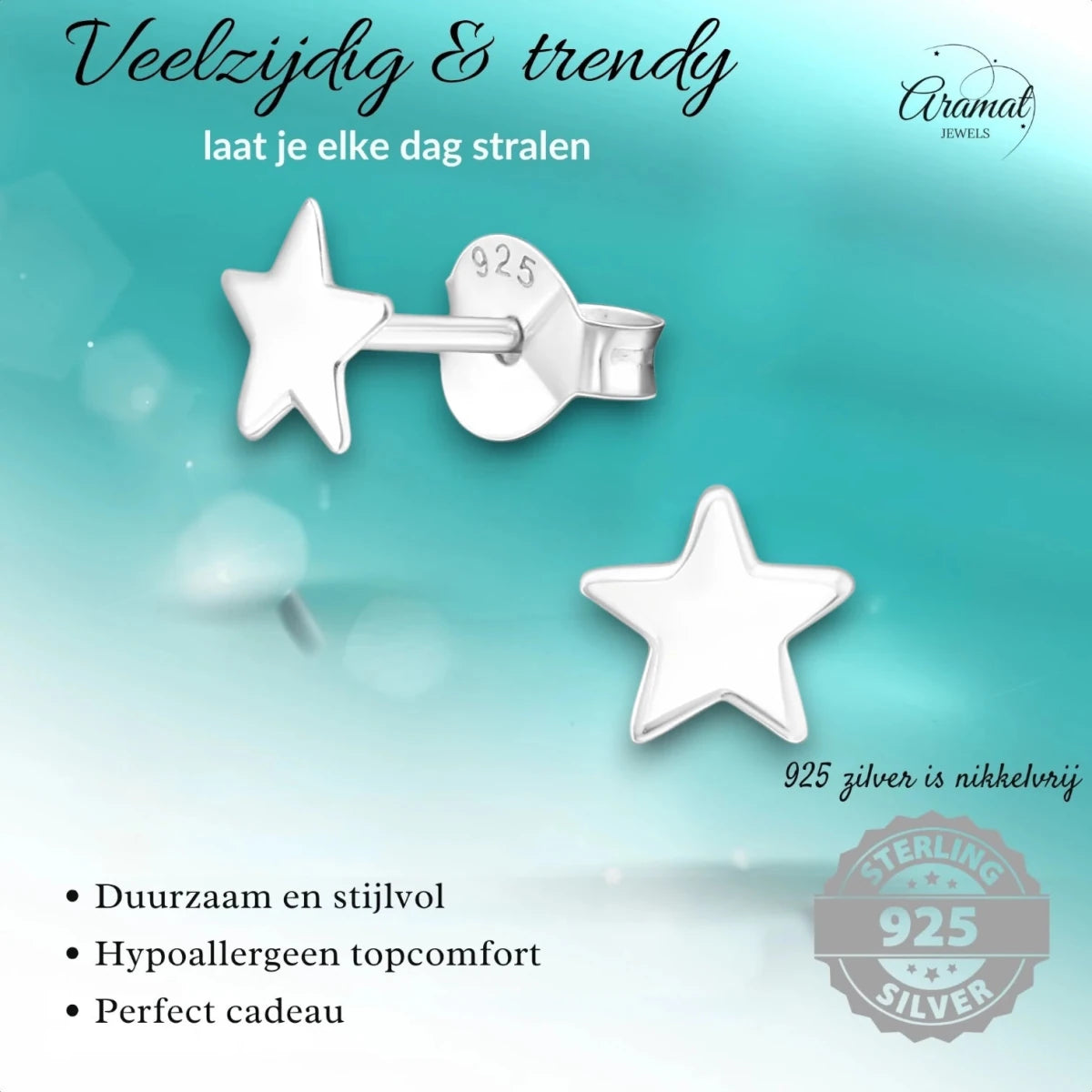 925 Sterling Zilveren Platte Sterretjes Oorknopjes 6mm - Aramat Jewels - Oorbellen - cadeautip