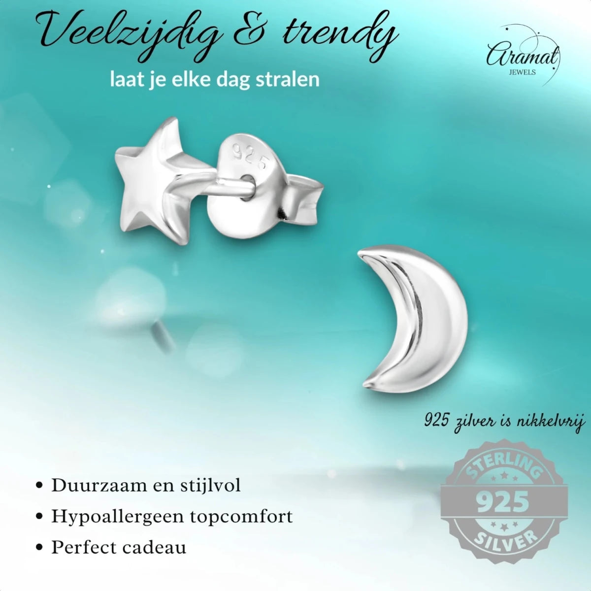 925 Sterling Zilveren Ster en Maan Oorknopjes 6x5mm - Aramat Jewels - Oorbellen - cadeautip