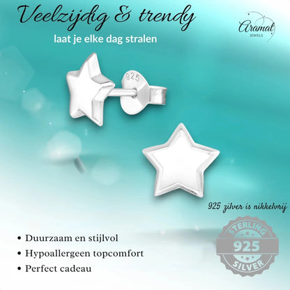 925 Sterling Zilveren Sterretjes Oorknopjes 8mm – Hoogglans Gepolijst - Aramat Jewels - Oorbellen - cadeautip