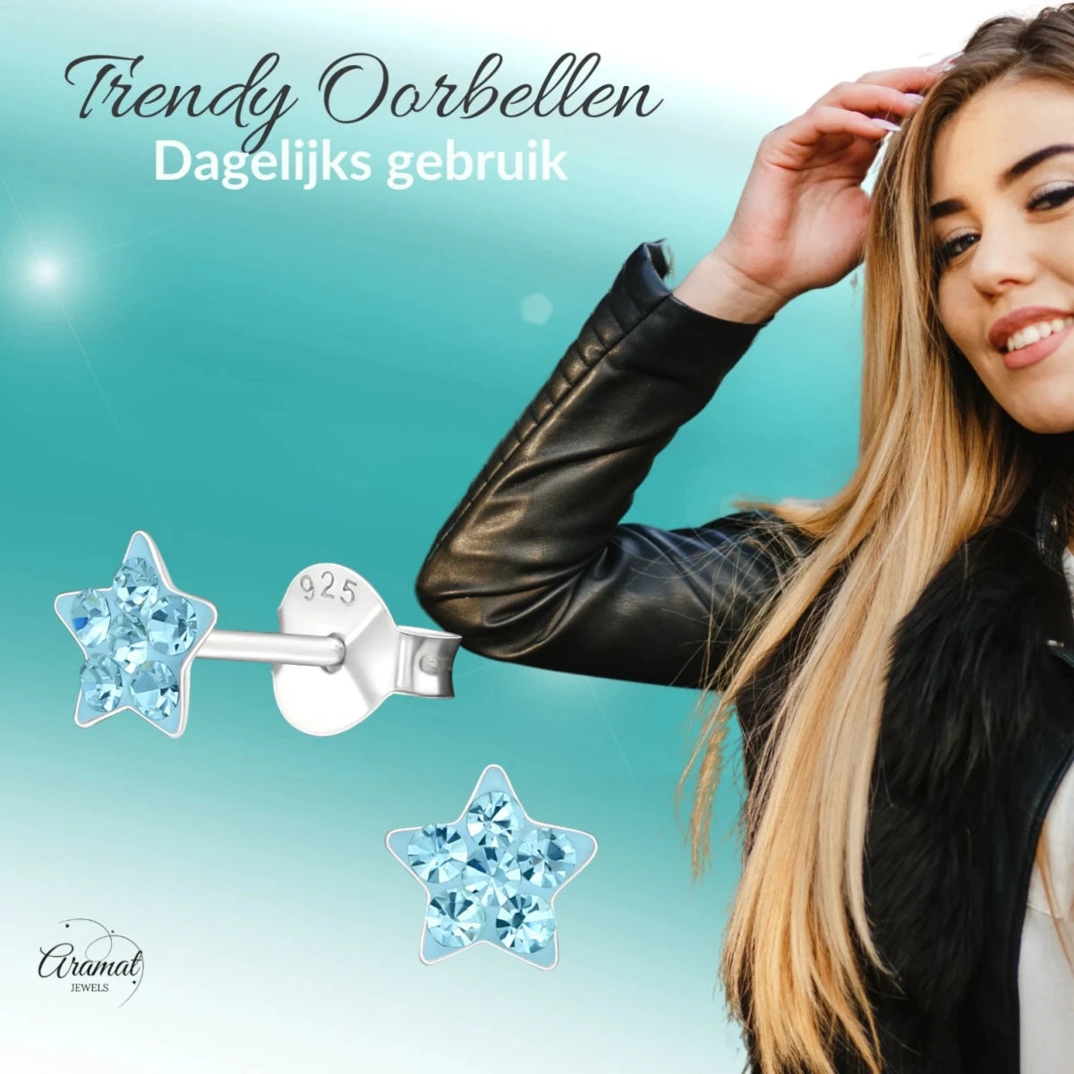 925 Sterling Zilveren Sterretjes Oorknopjes met Blauw Kristal 5mm - Aramat Jewels - Oorbellen - cadeautip