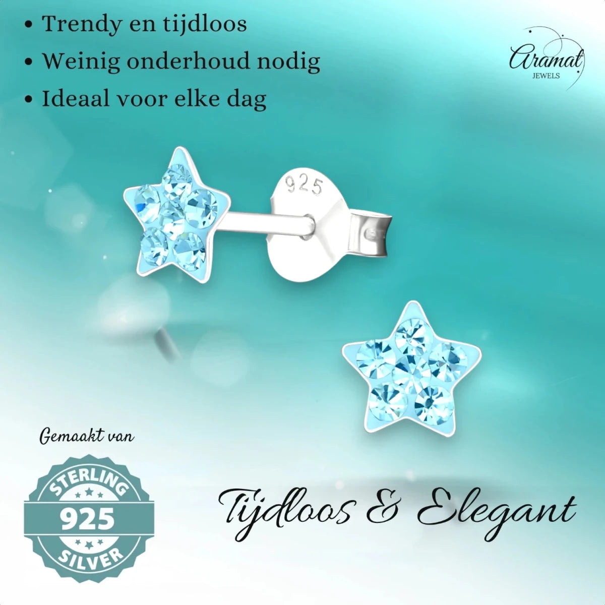 925 Sterling Zilveren Sterretjes Oorknopjes met Blauw Kristal 5mm - Aramat Jewels - Oorbellen - cadeautip