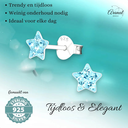 925 Sterling Zilveren Sterretjes Oorknopjes met Blauw Kristal 5mm - Aramat Jewels - Oorbellen - cadeautip