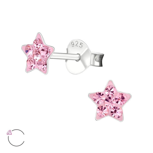 925 Sterling Zilveren Sterretjes Oorknopjes met Roze Kristal 5mm - Aramat Jewels - Oorbellen - cadeautip