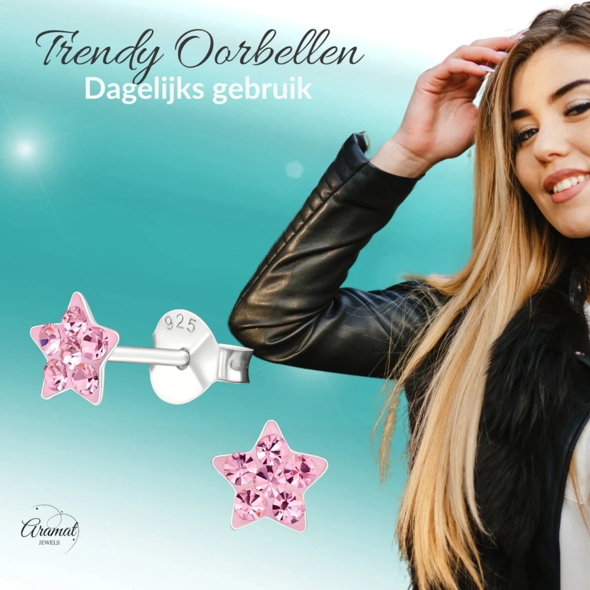 925 Sterling Zilveren Sterretjes Oorknopjes met Roze Kristal 5mm - Aramat Jewels - Oorbellen - cadeautip