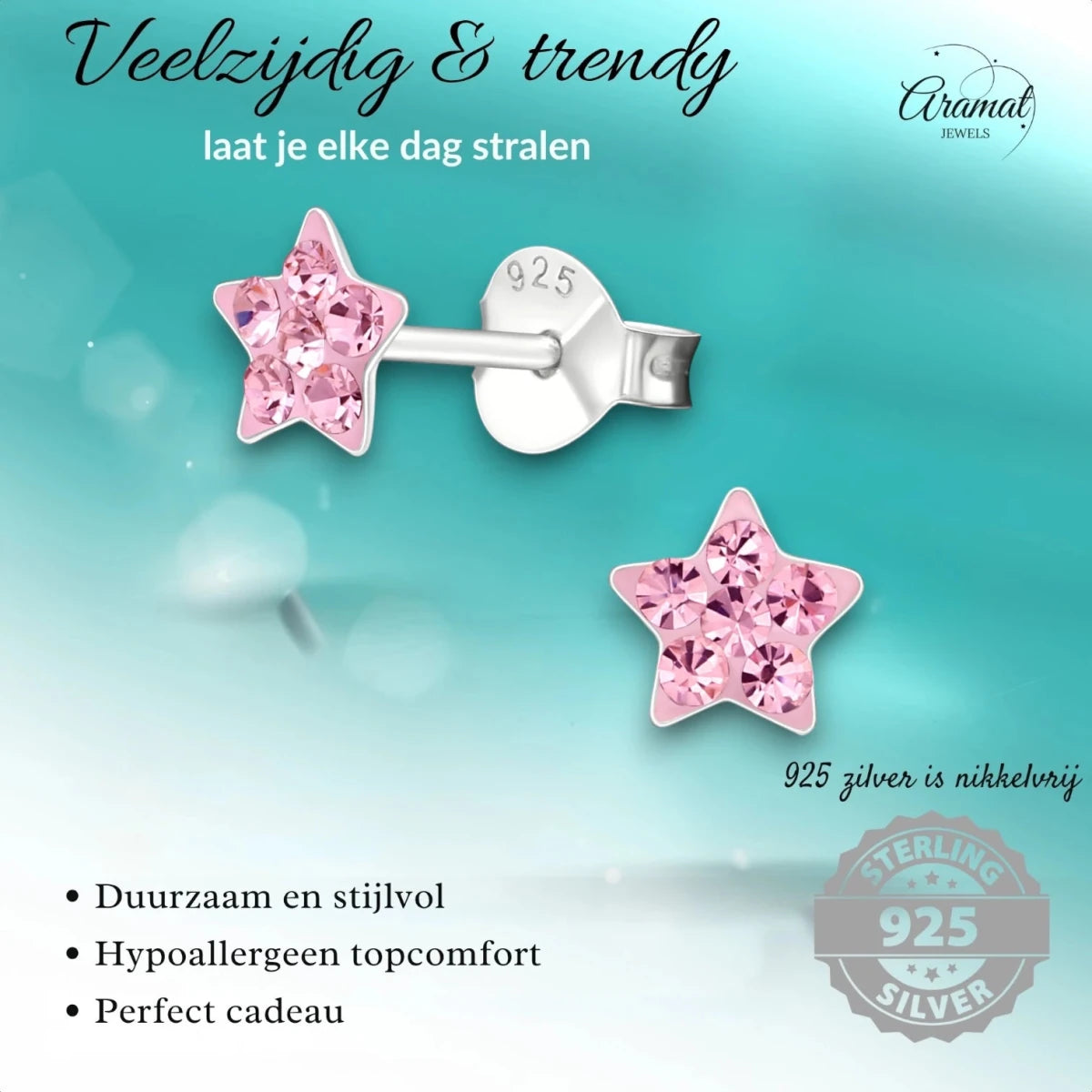 925 Sterling Zilveren Sterretjes Oorknopjes met Roze Kristal 5mm - Aramat Jewels - Oorbellen - cadeautip