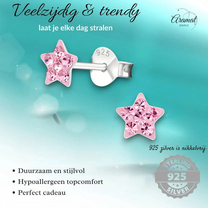 925 Sterling Zilveren Sterretjes Oorknopjes met Roze Kristal 5mm - Aramat Jewels - Oorbellen - cadeautip