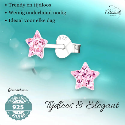 925 Sterling Zilveren Sterretjes Oorknopjes met Roze Kristal 5mm - Aramat Jewels - Oorbellen - cadeautip