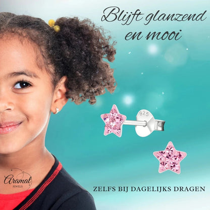 925 Sterling Zilveren Sterretjes Oorknopjes met Roze Kristal 5mm - Aramat Jewels - Oorbellen - cadeautip