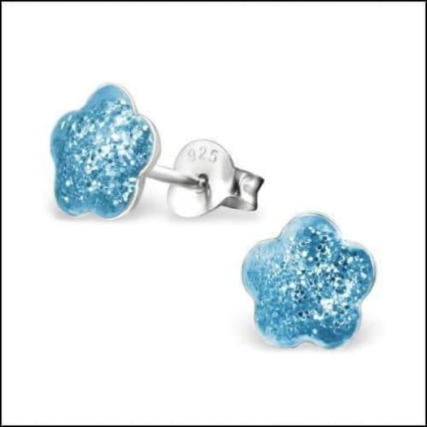 925 Zilveren Kinderoorbellen Blauwe Glitter Bloem 8mm - Aramat Jewels - Oorbellen - cadeautip