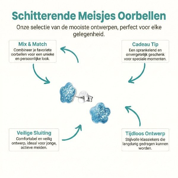 925 Zilveren Kinderoorbellen Blauwe Glitter Bloem 8mm - Aramat Jewels - Oorbellen - cadeautip