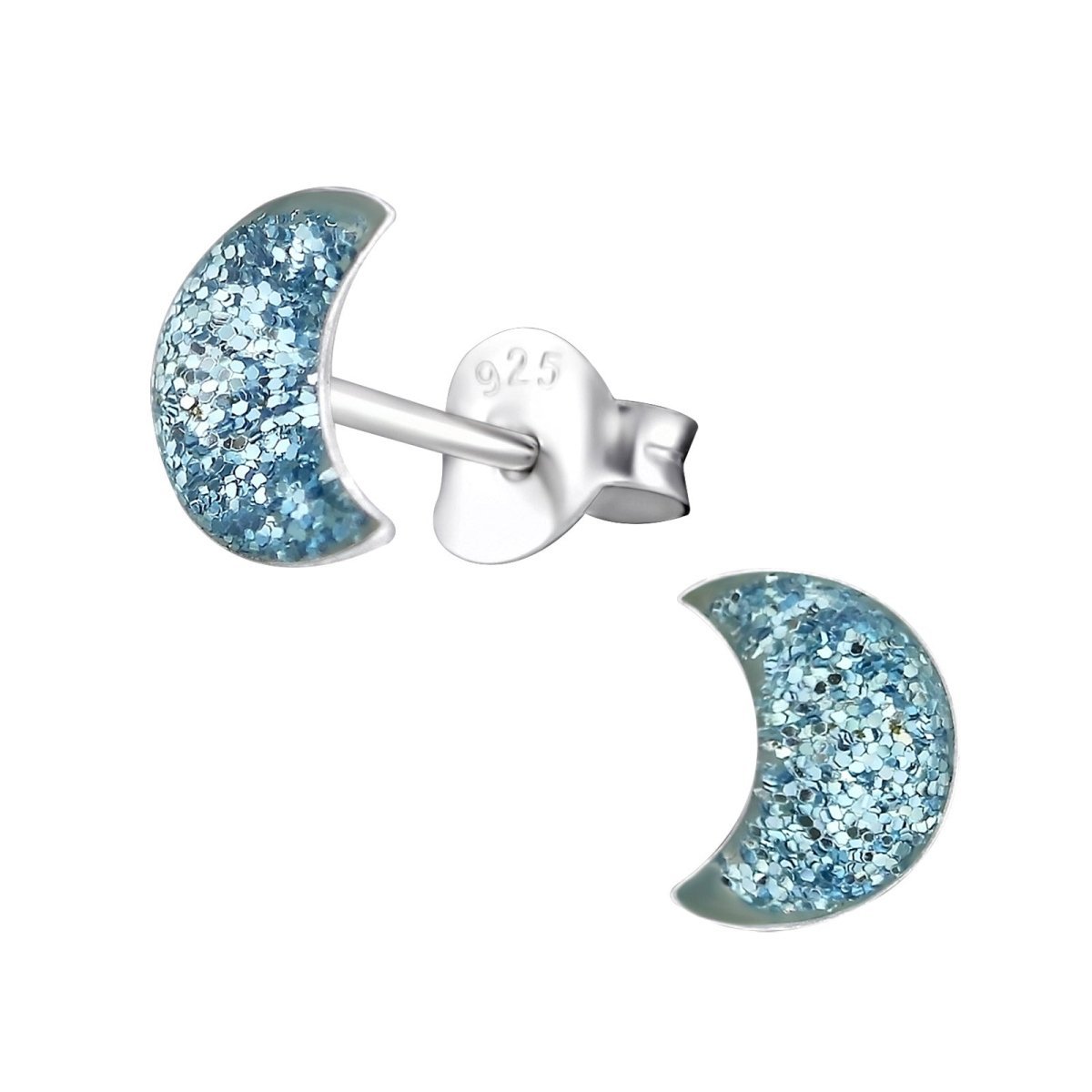 925 Zilveren Kinderoorbellen Blauwe Glitter Maan 6x3mm - Aramat Jewels - Oorbellen - cadeautip