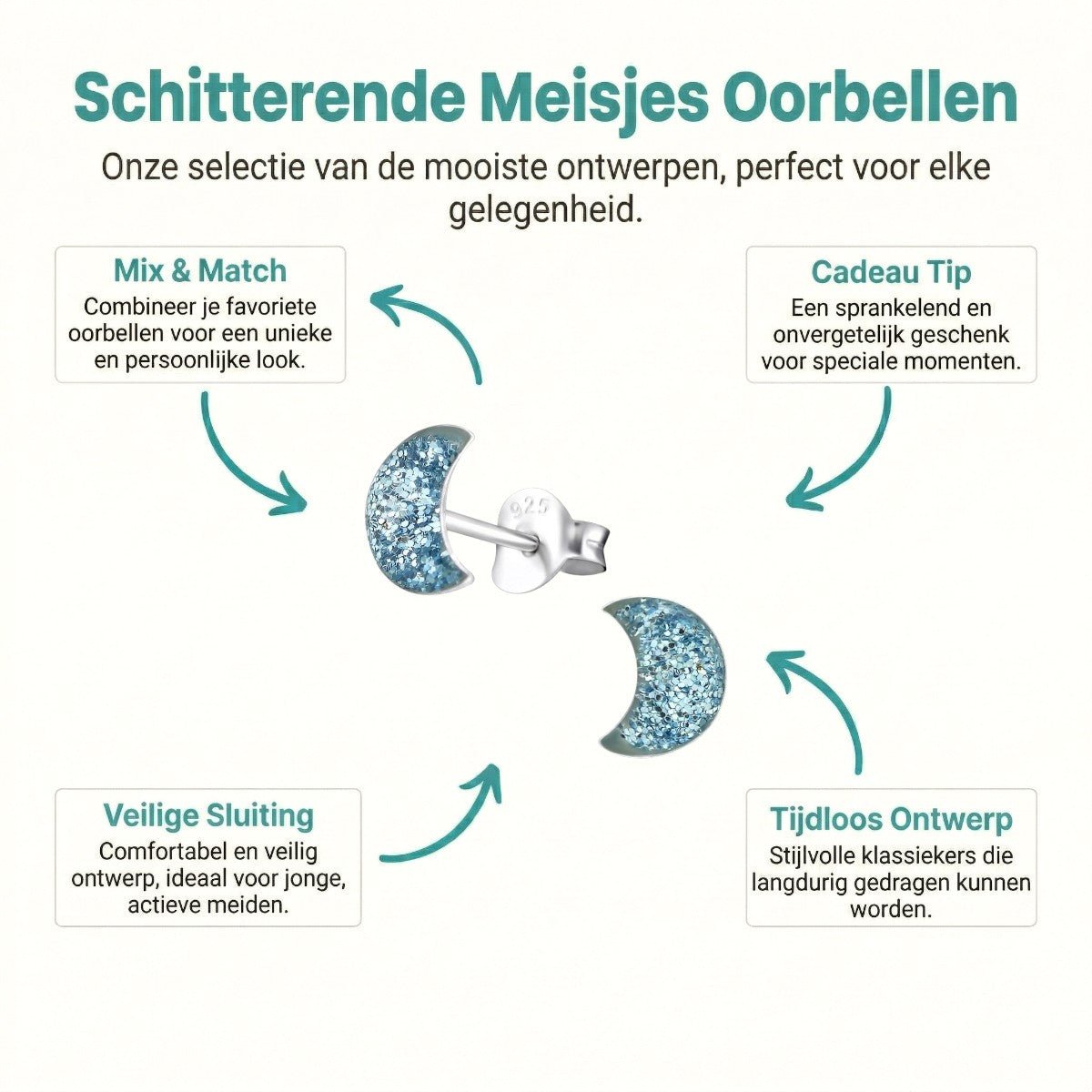 925 Zilveren Kinderoorbellen Blauwe Glitter Maan 6x3mm - Aramat Jewels - Oorbellen - cadeautip