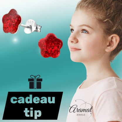 925 Zilveren Kinderoorbellen Rode Glitter Bloem 8mm - Aramat Jewels - Oorbellen - cadeautip