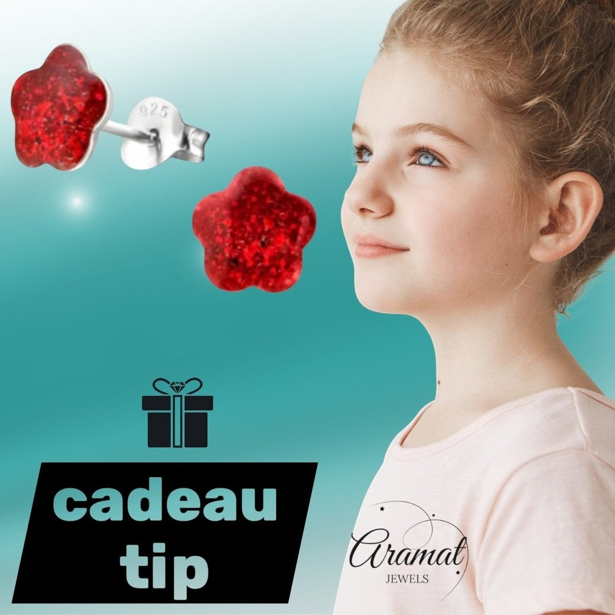 925 Zilveren Kinderoorbellen Rode Glitter Bloem 8mm - Aramat Jewels - Oorbellen - cadeautip