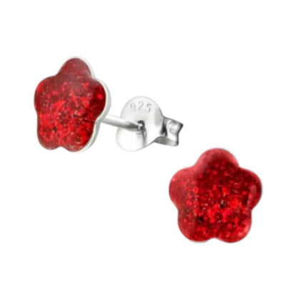 925 Zilveren Kinderoorbellen Rode Glitter Bloem 8mm - Aramat Jewels - Oorbellen - cadeautip