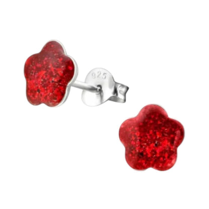 925 Zilveren Kinderoorbellen Rode Glitter Bloem 8mm - Aramat Jewels - Oorbellen - cadeautip