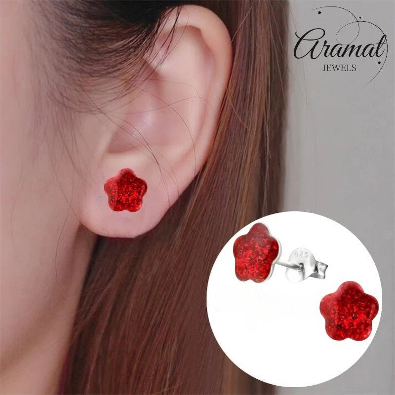 925 Zilveren Kinderoorbellen Rode Glitter Bloem 8mm - Aramat Jewels - Oorbellen - cadeautip
