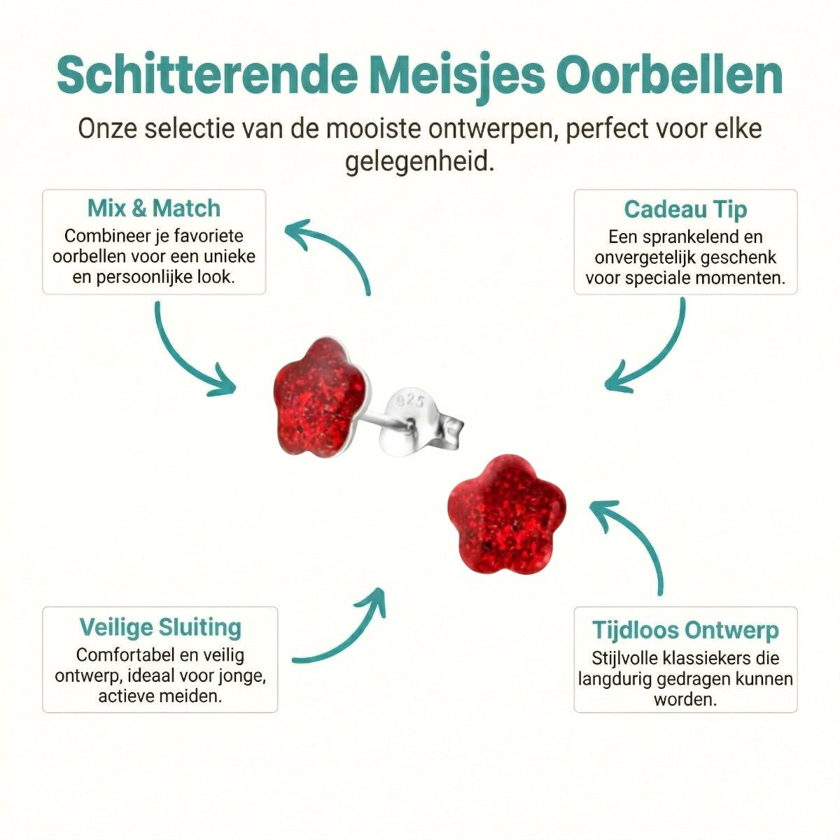 925 Zilveren Kinderoorbellen Rode Glitter Bloem 8mm - Aramat Jewels - Oorbellen - cadeautip