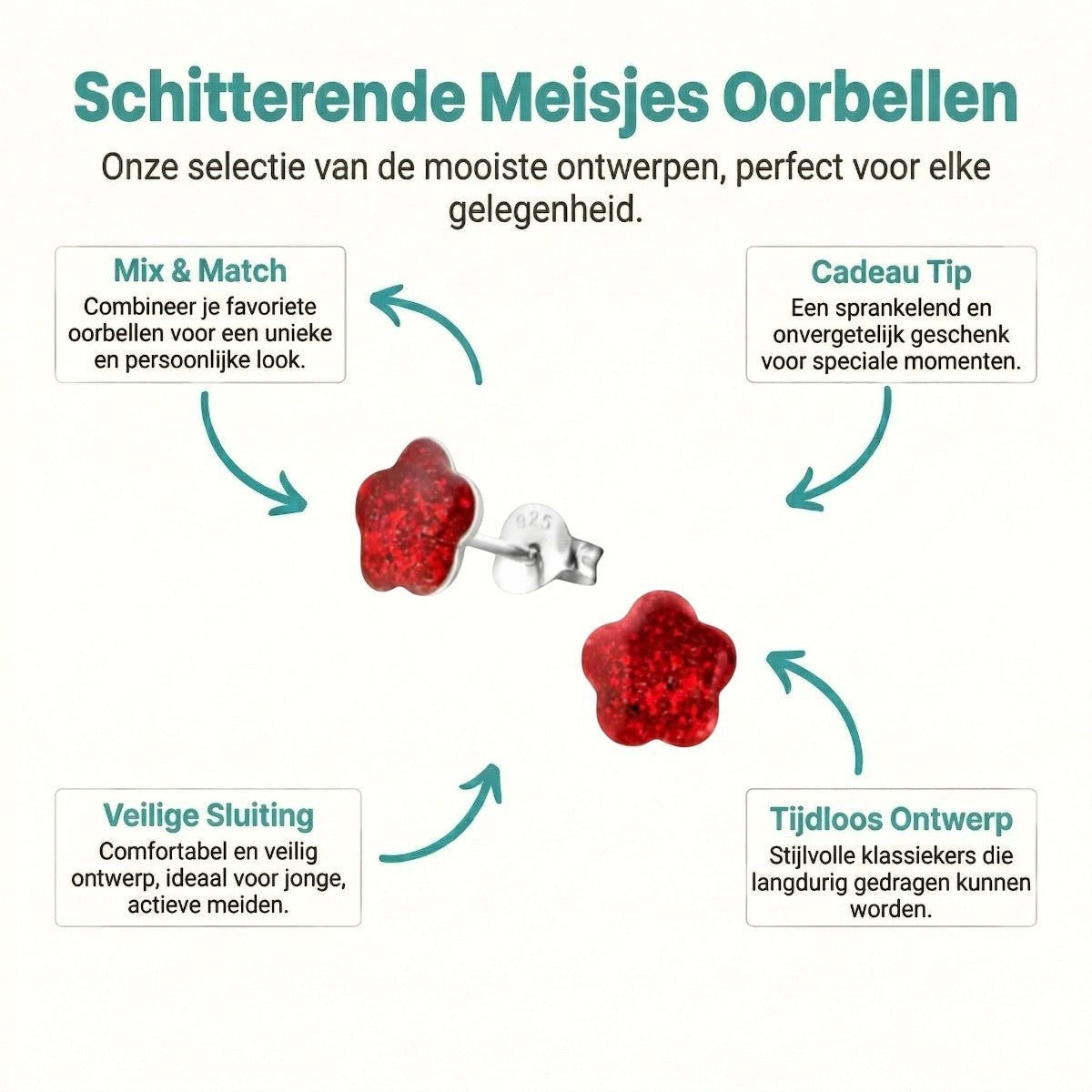 925 Zilveren Kinderoorbellen Rode Glitter Bloem 8mm - Aramat Jewels - Oorbellen - cadeautip