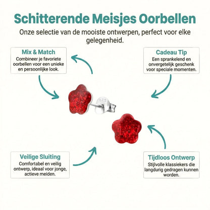 925 Zilveren Kinderoorbellen Rode Glitter Bloem 8mm - Aramat Jewels - Oorbellen - cadeautip