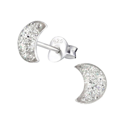 925 Zilveren Kinderoorbellen Transparante Glitter Maan 6x3mm - Aramat Jewels - Oorbellen - cadeautip