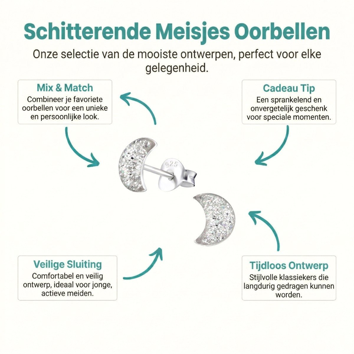 925 Zilveren Kinderoorbellen Transparante Glitter Maan 6x3mm - Aramat Jewels - Oorbellen - cadeautip