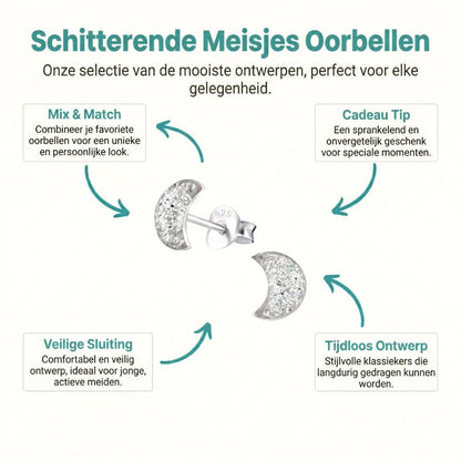 925 Zilveren Kinderoorbellen Transparante Glitter Maan 6x3mm - Aramat Jewels - Oorbellen - cadeautip