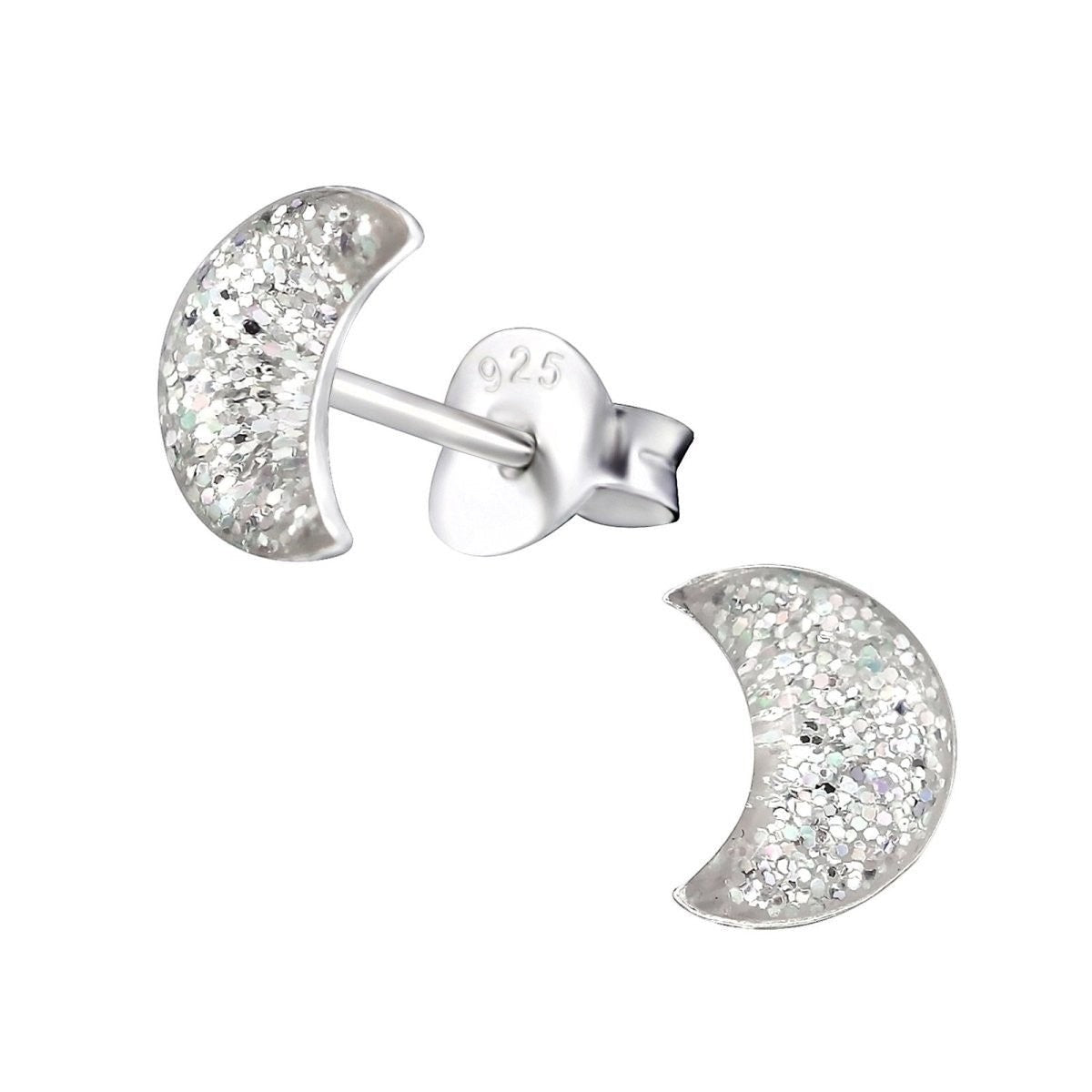 925 Zilveren Kinderoorbellen Transparante Glitter Maan 6x3mm - Aramat Jewels - RVS Sieraden - Oorbellen - cadeautip