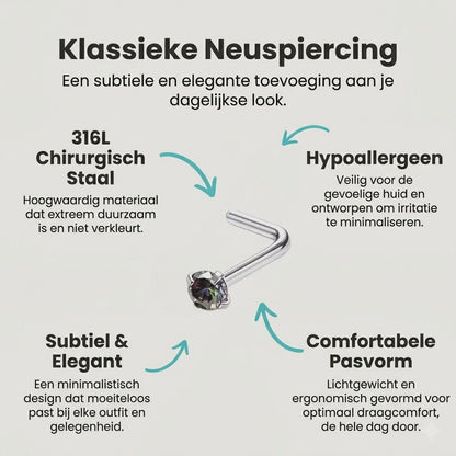 Stalen Neuspiercing Vierkante Zirkonia 2mm – L-Staafje Meerdere Kleuren