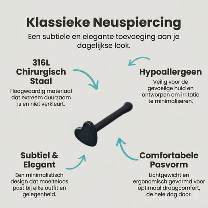 Stalen Neuspiercing Zwart Hartje – 2.5mm Recht Staafje Neusvleugelpiercing Uniseks