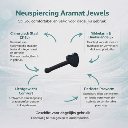 Stalen Neuspiercing Zwart Hartje – 2.5mm Recht Staafje Neusvleugelpiercing Uniseks